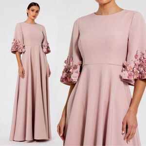 MAC DUGGAL 11854 Pink Crepe 3/4 Sleeve A-line Gown With Flower Trim